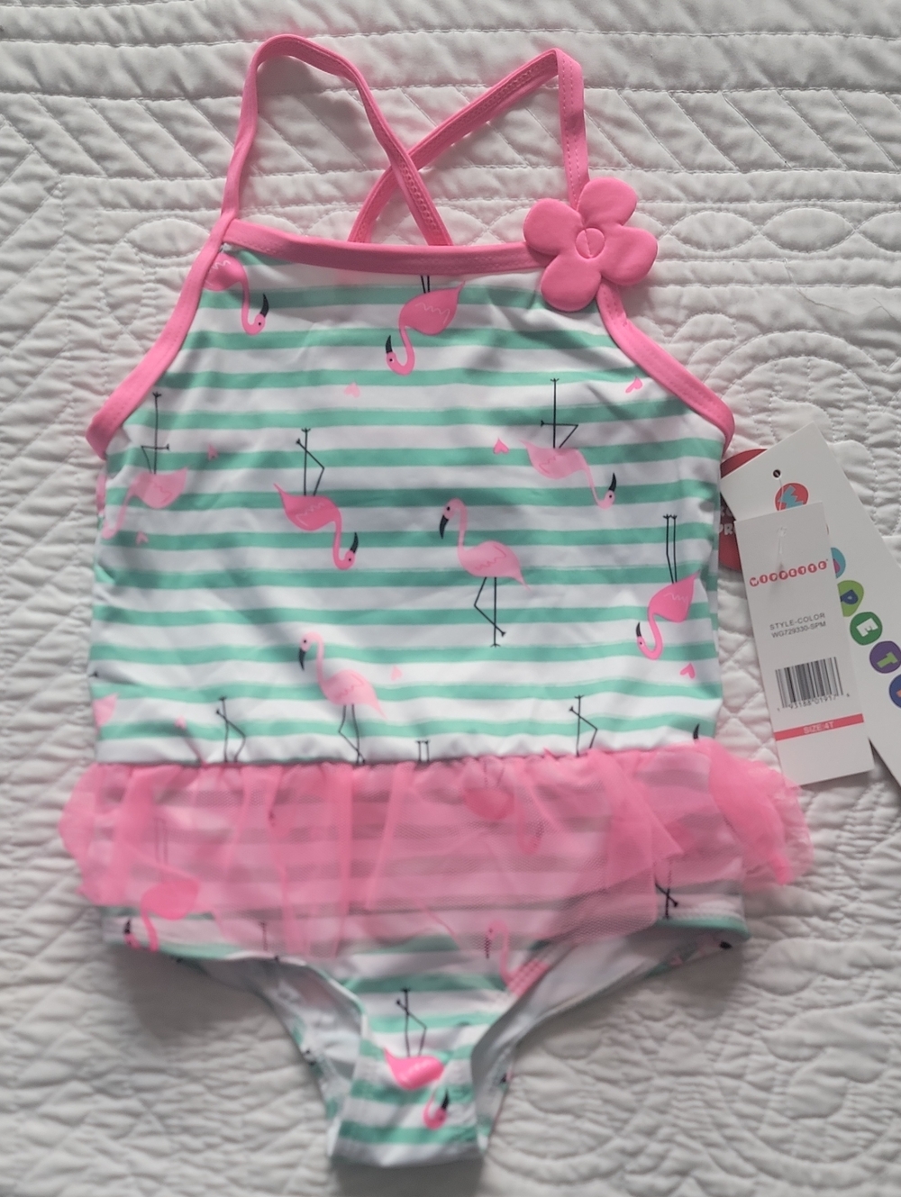 Wippette Kids Flamingo Mint, White & Pink Striped Tutu Swimsuit